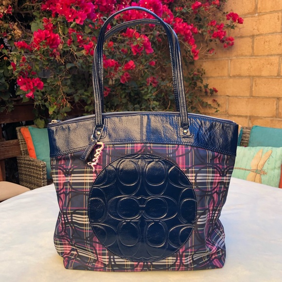 Coach Laura Signature Blue Plaid Multicolor Tartan Canvas Leather Tote Bag - Picture 1 of 12